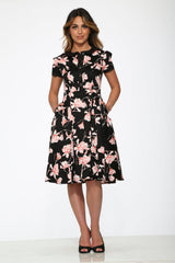 Black & Pink Floral Swing Dress