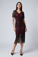 Burgundy Flapper Art Deco Dress