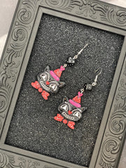 Cat Lover - Retro Kitty Earrings with Party Hat and Dice Detail: Handmade Polymer Clay