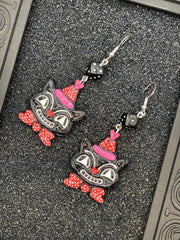 Cat Lover - Retro Kitty Earrings with Party Hat and Dice Detail: Handmade Polymer Clay