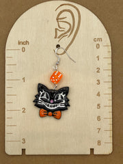 Cat Lover - Retro Kitty Earrings with Bowtie and Dice: Handmade Polymer Clay