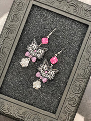 Cat Lover - Retro Kitty Earrings Pink Dice Rhinestone Paw Charms: Handmade Polymer Clay