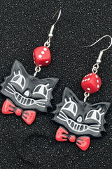Cat Lover - Retro Kitty Earrings with Bowtie and Dice: Handmade Polymer Clay