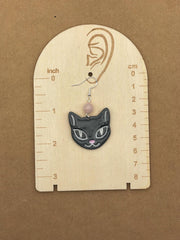 Cat Lover - Grey Kitty with Rose Quartz Beads Earrings: Hand-Painted Polymer Clay
