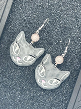 Cat Lover - Grey Kitty with Rose Quartz Beads Earrings: Hand-Painted Polymer Clay