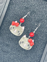 Cat Lover - Grey Cute Kitty with Red Jade Beads Earrings: Handmade Polymer Clay