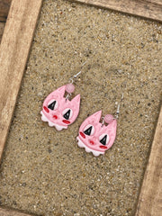 Cat Lover - Retro Kitty Cat Earrings with Rose Quartz Beads: Handmade Polymer Clay