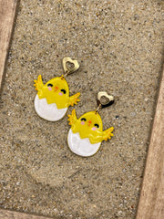 Chick - Baby Chickie Earrings with Hearts: Handmade Polymer Clay