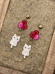 Cat Lover Earrings - Kitty Hanging from Balloons: Handmade, Hand Painted Polymer Clay