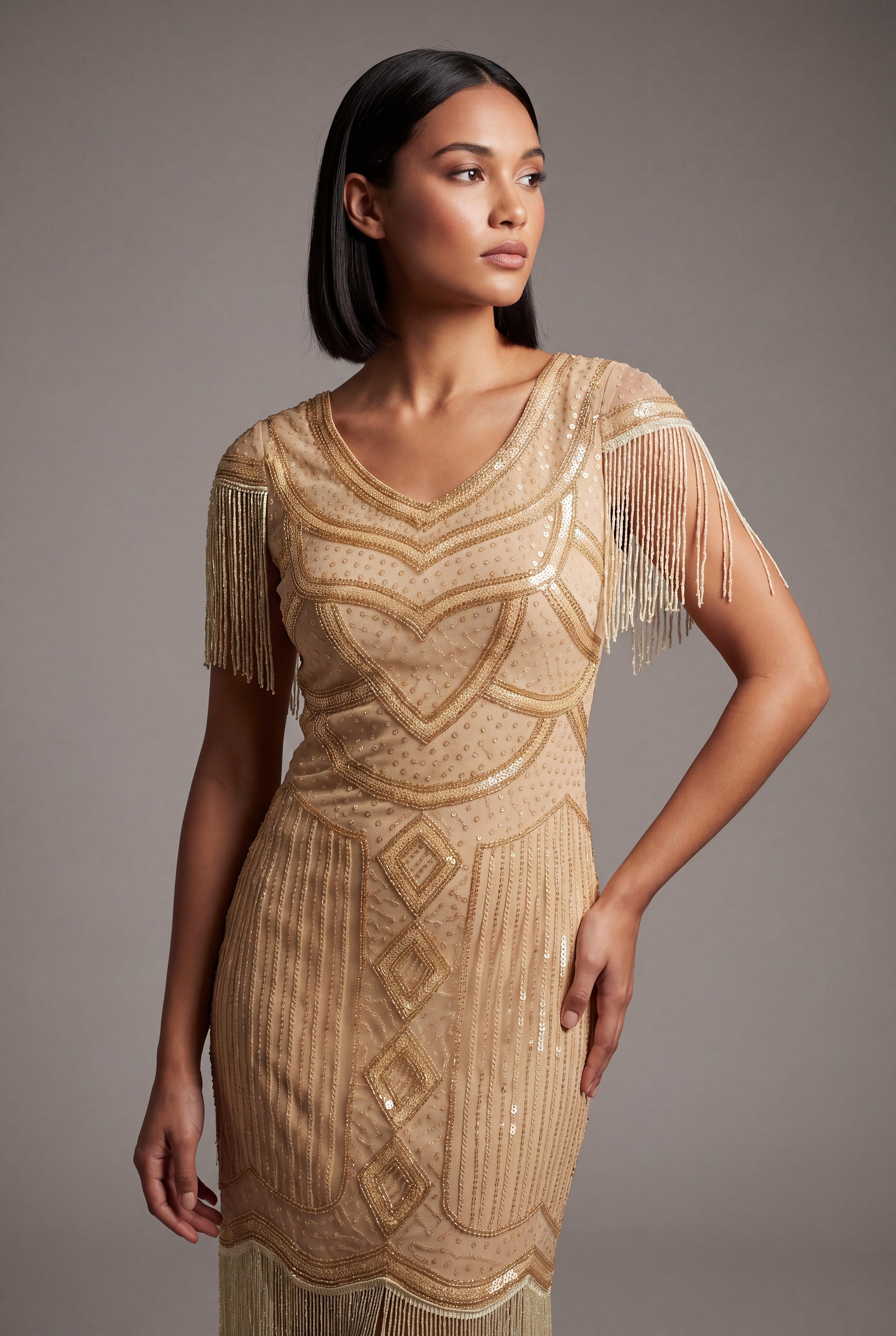 Beige Flapper Dress with Fringe