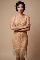 Beige Flapper Dress with Fringe
