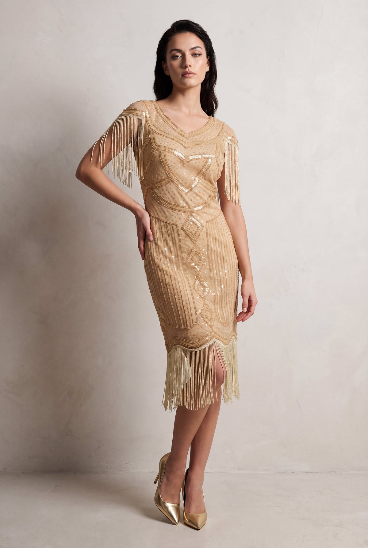 Beige Flapper Dress with Fringe