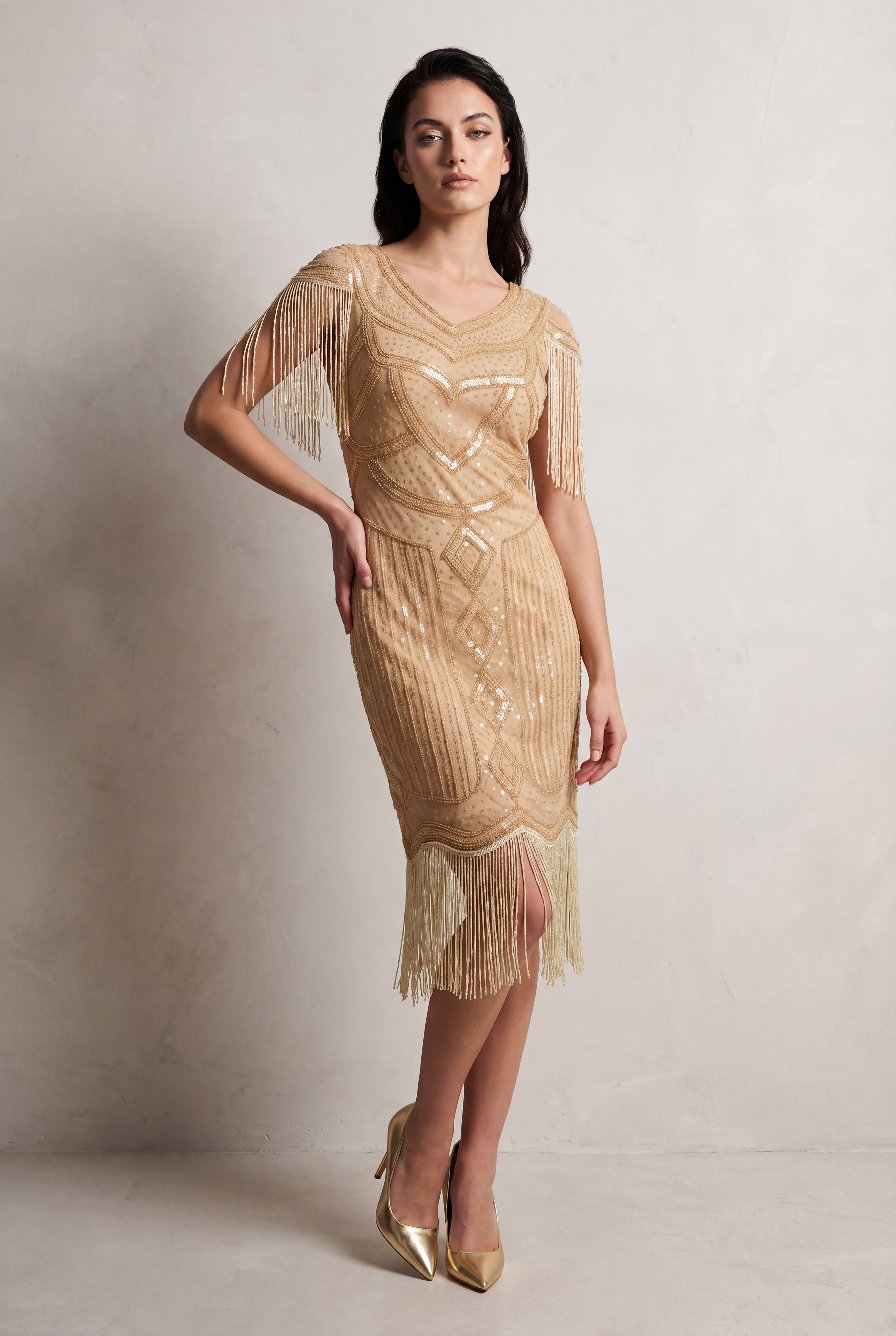 Beige Flapper Dress with Fringe