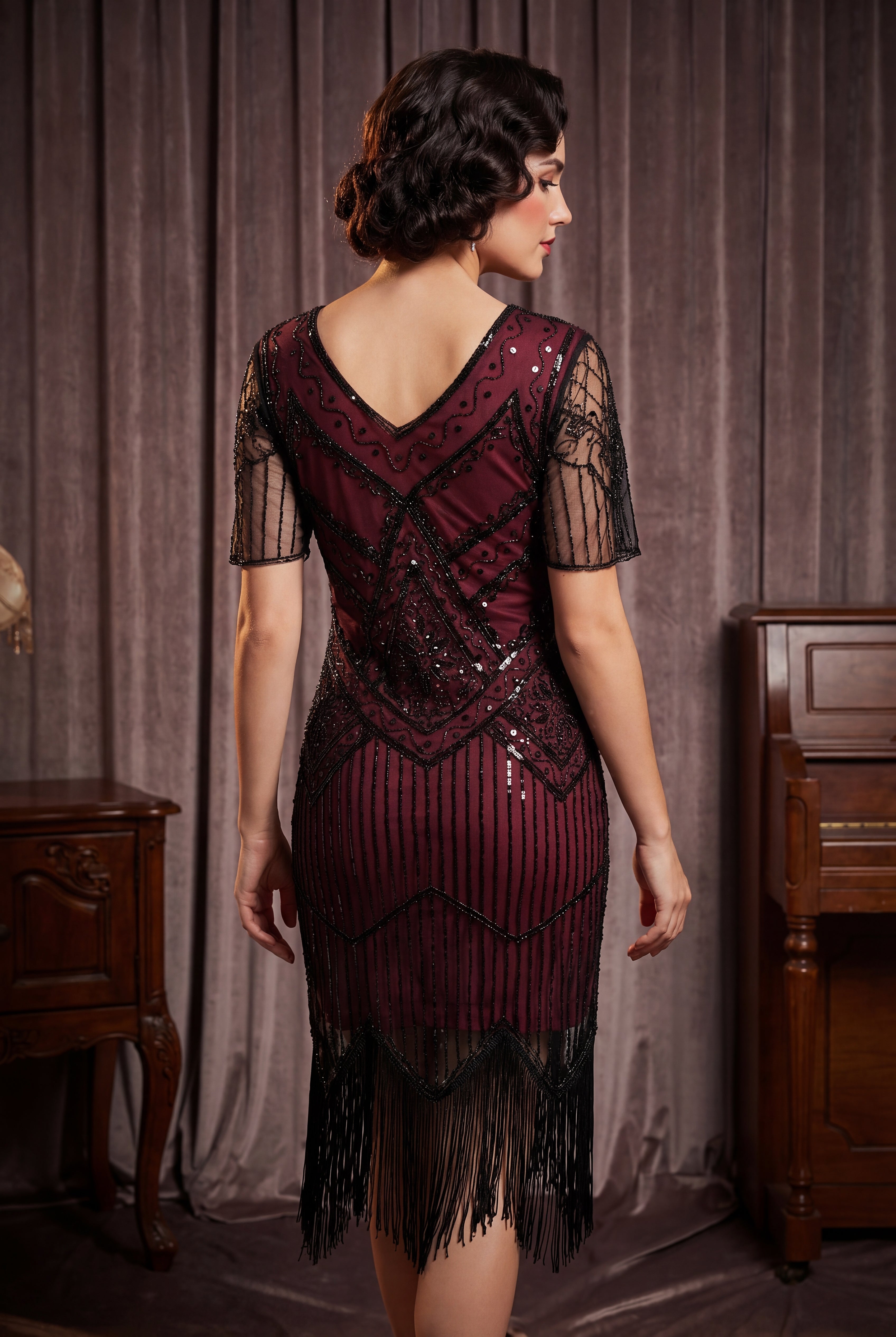 Burgundy Flapper Art Deco Dress