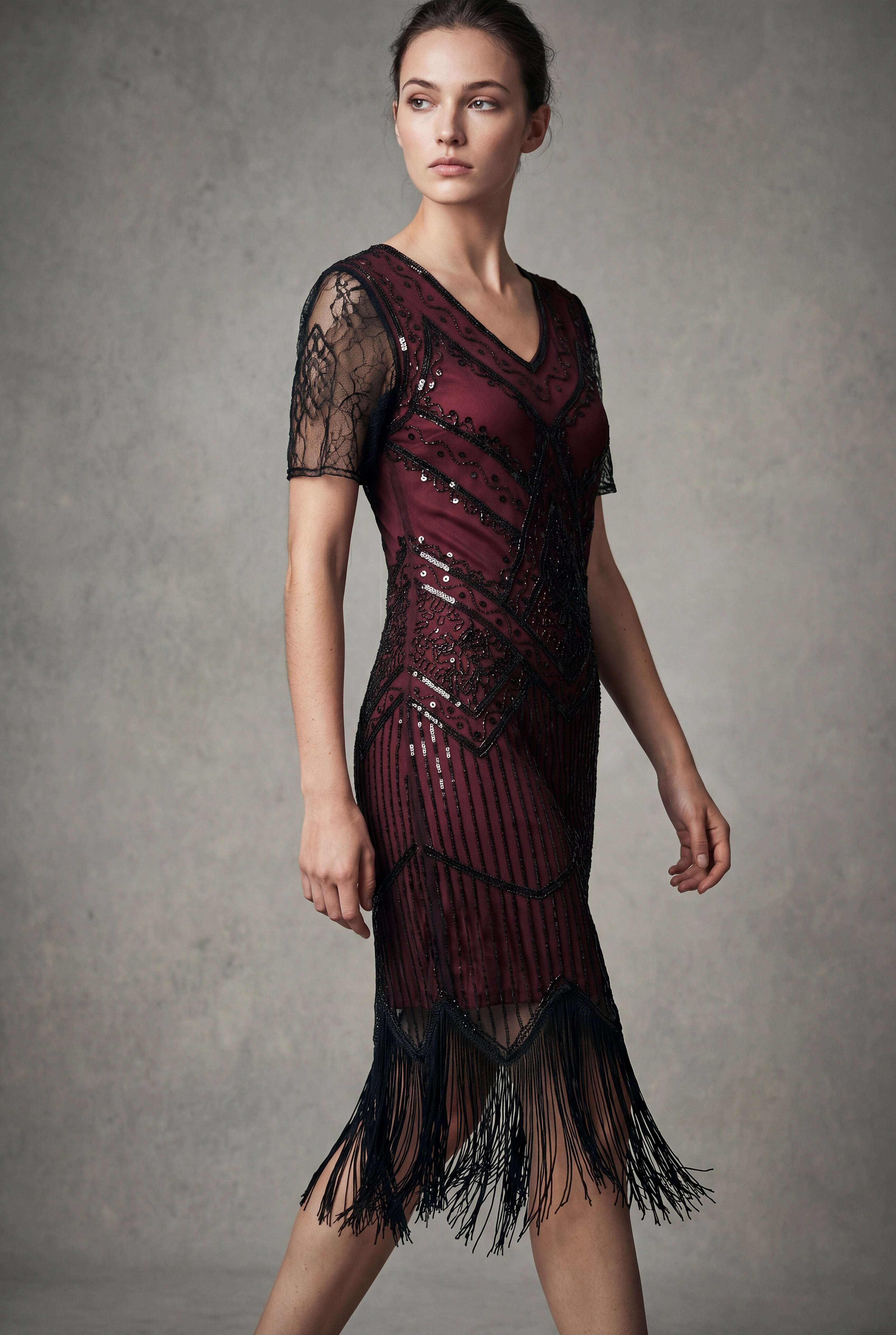 Burgundy Flapper Art Deco Dress