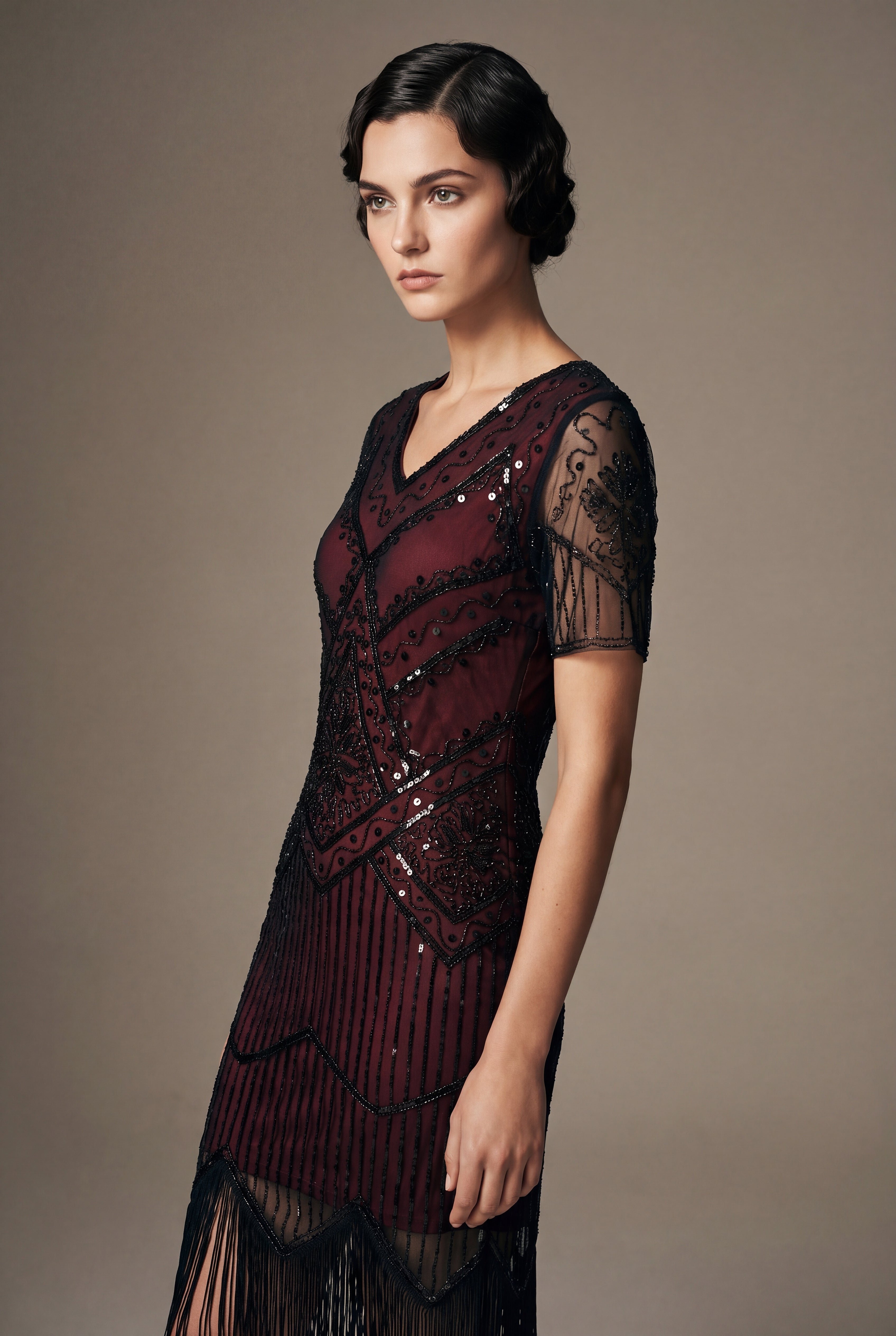 Burgundy Flapper Art Deco Dress