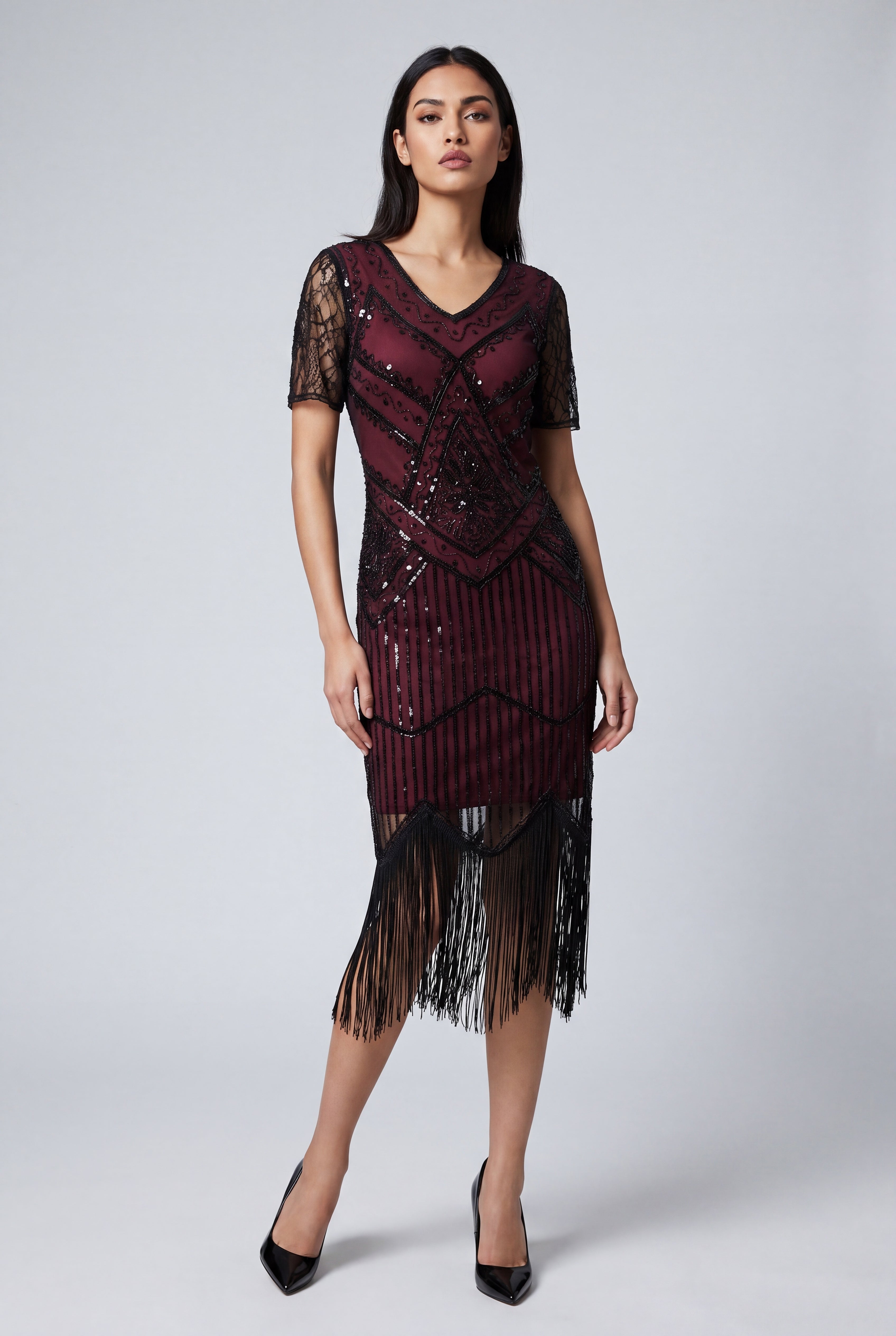 Burgundy Flapper Art Deco Dress