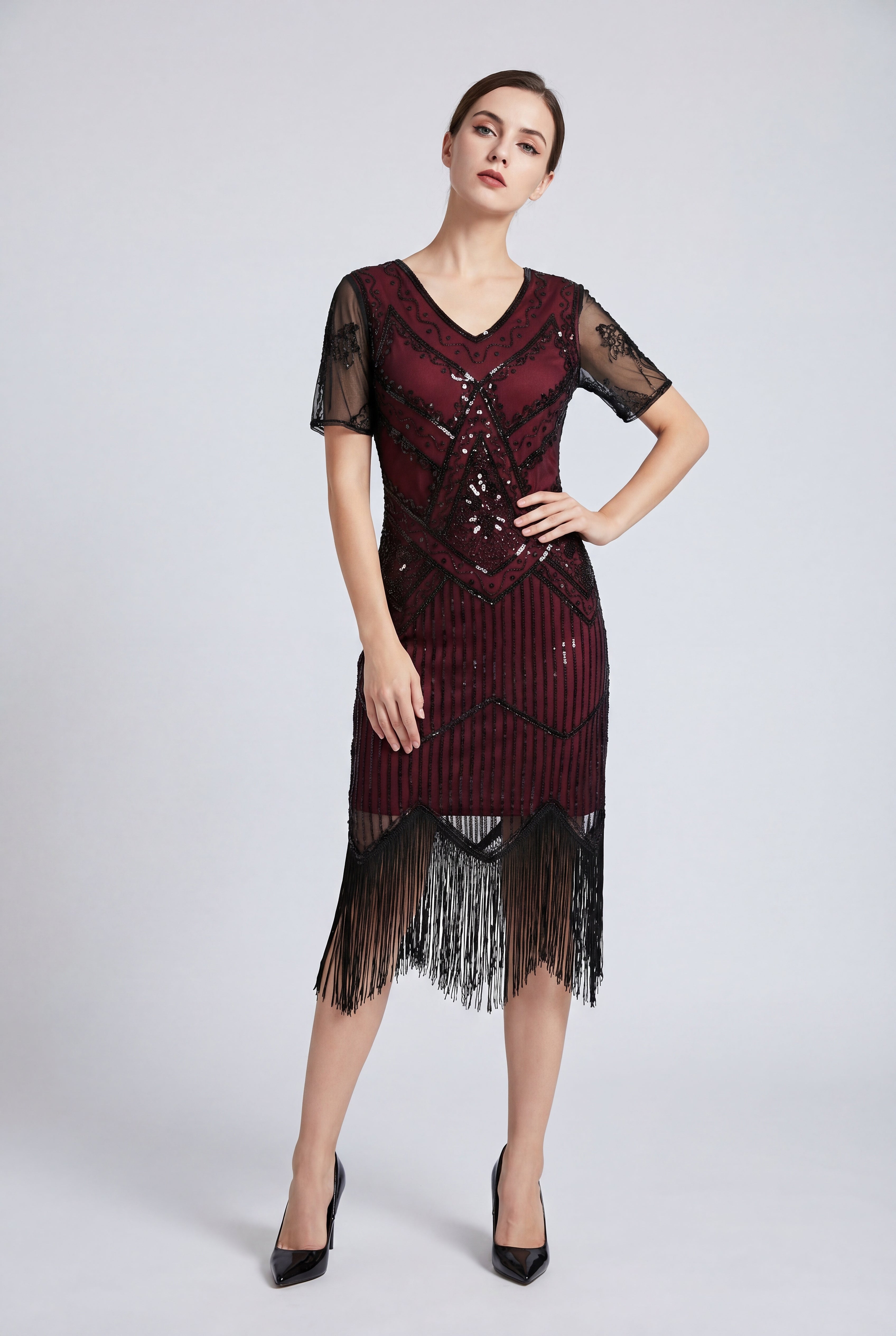 Burgundy Flapper Art Deco Dress