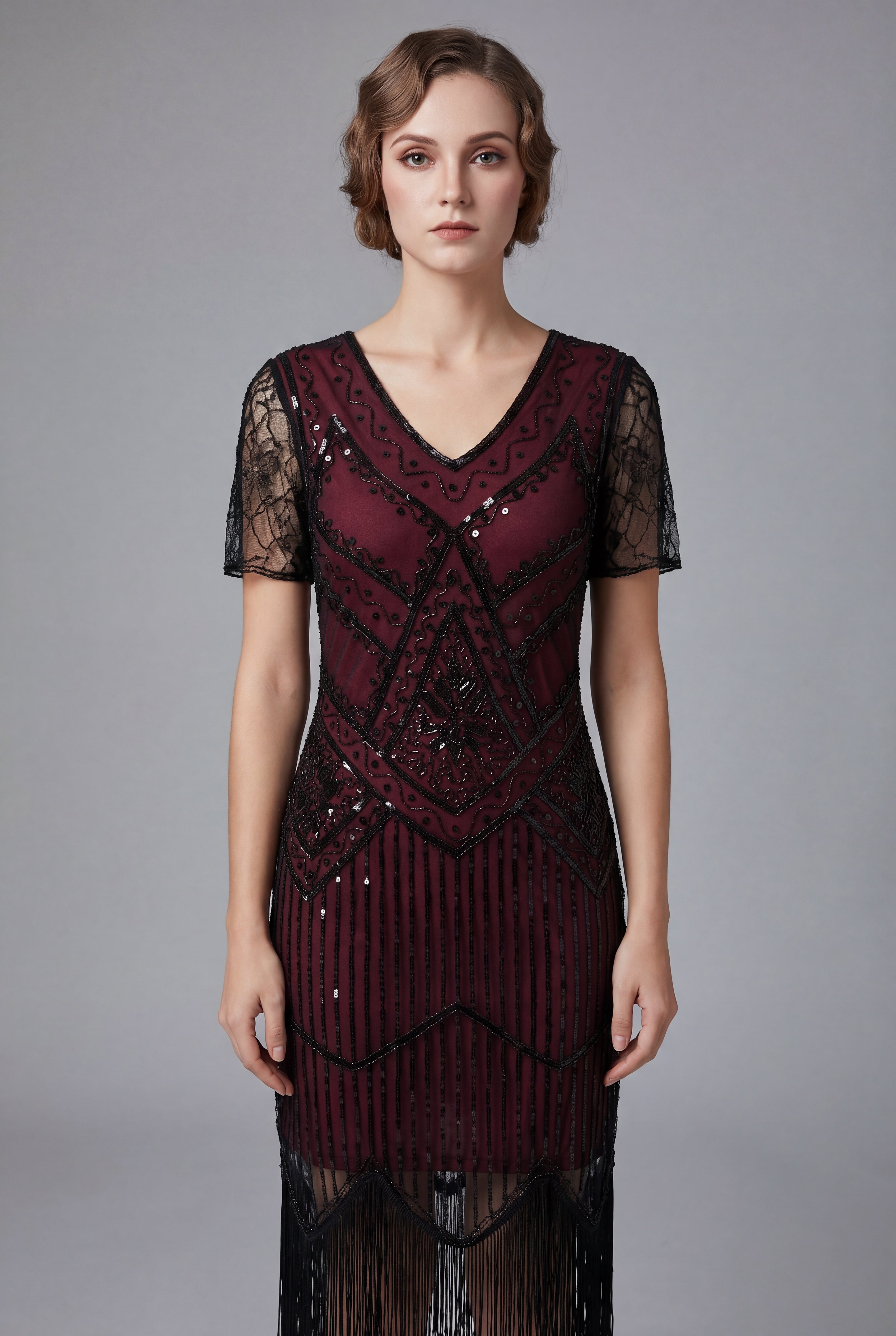 Burgundy Flapper Art Deco Dress