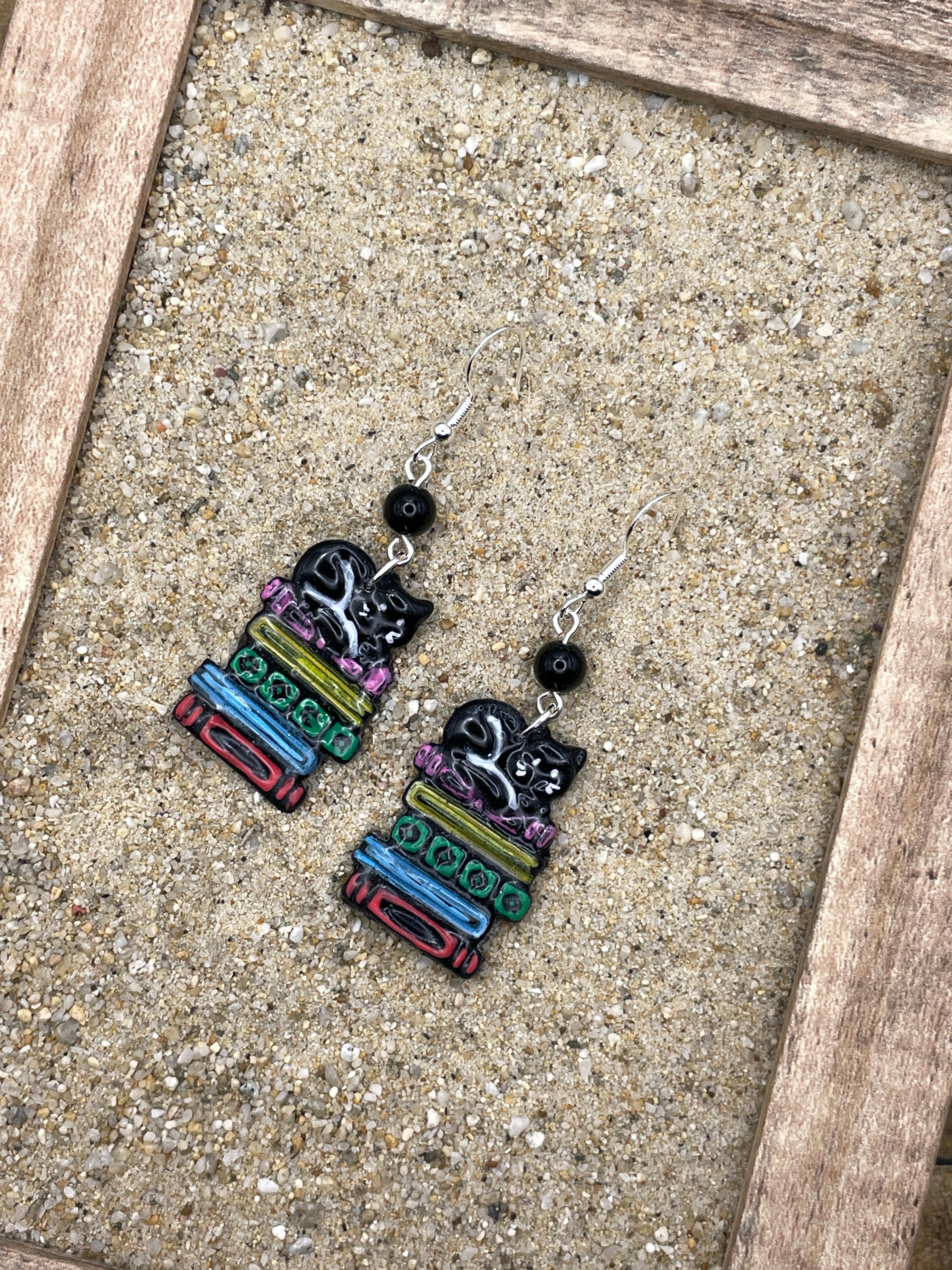 Cat Lover - Kitty Sleeping on Stack of Books Earrings: Handmade, Polymer Clay