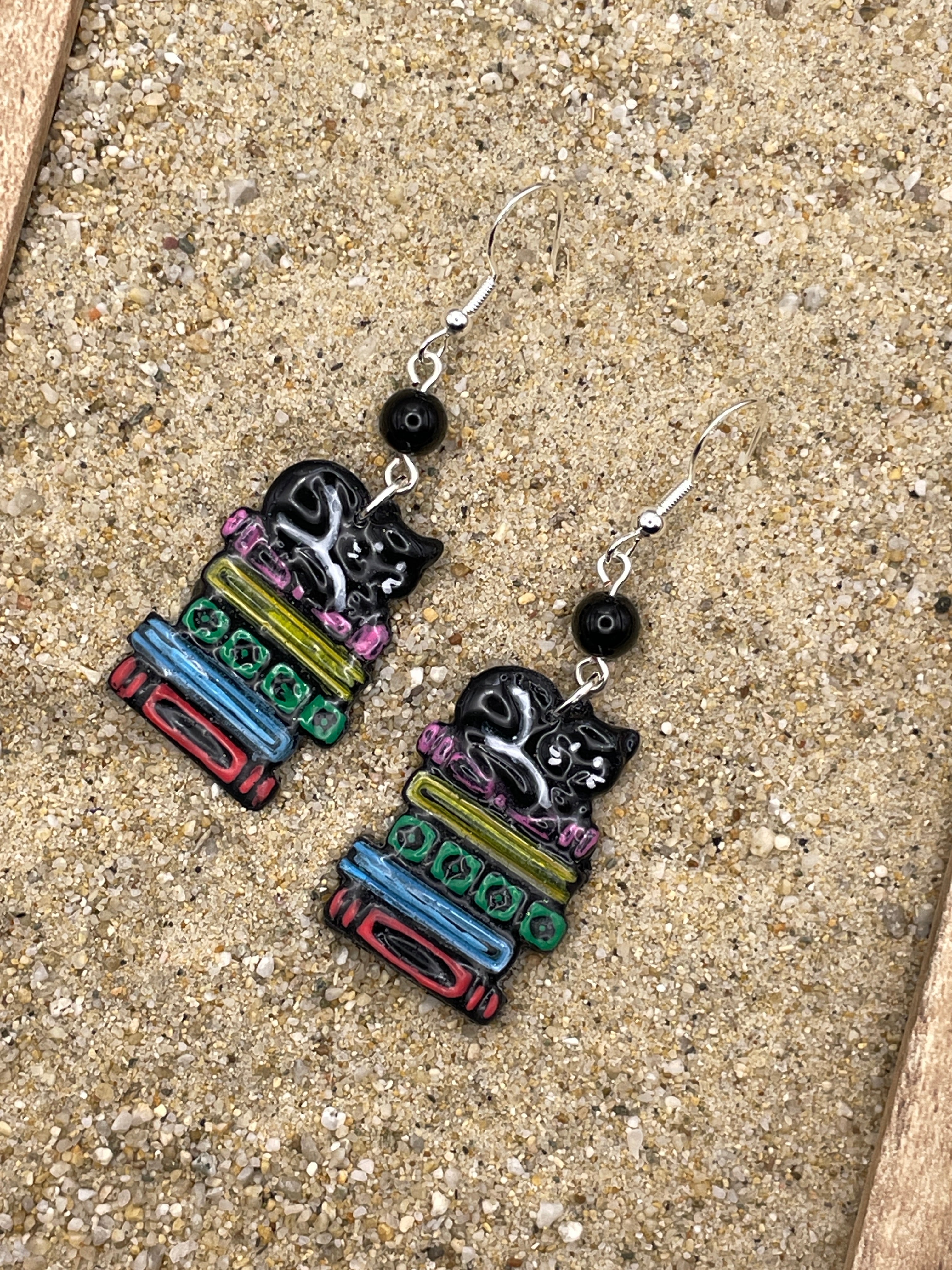 Cat Lover - Kitty Sleeping on Stack of Books Earrings: Handmade, Polymer Clay