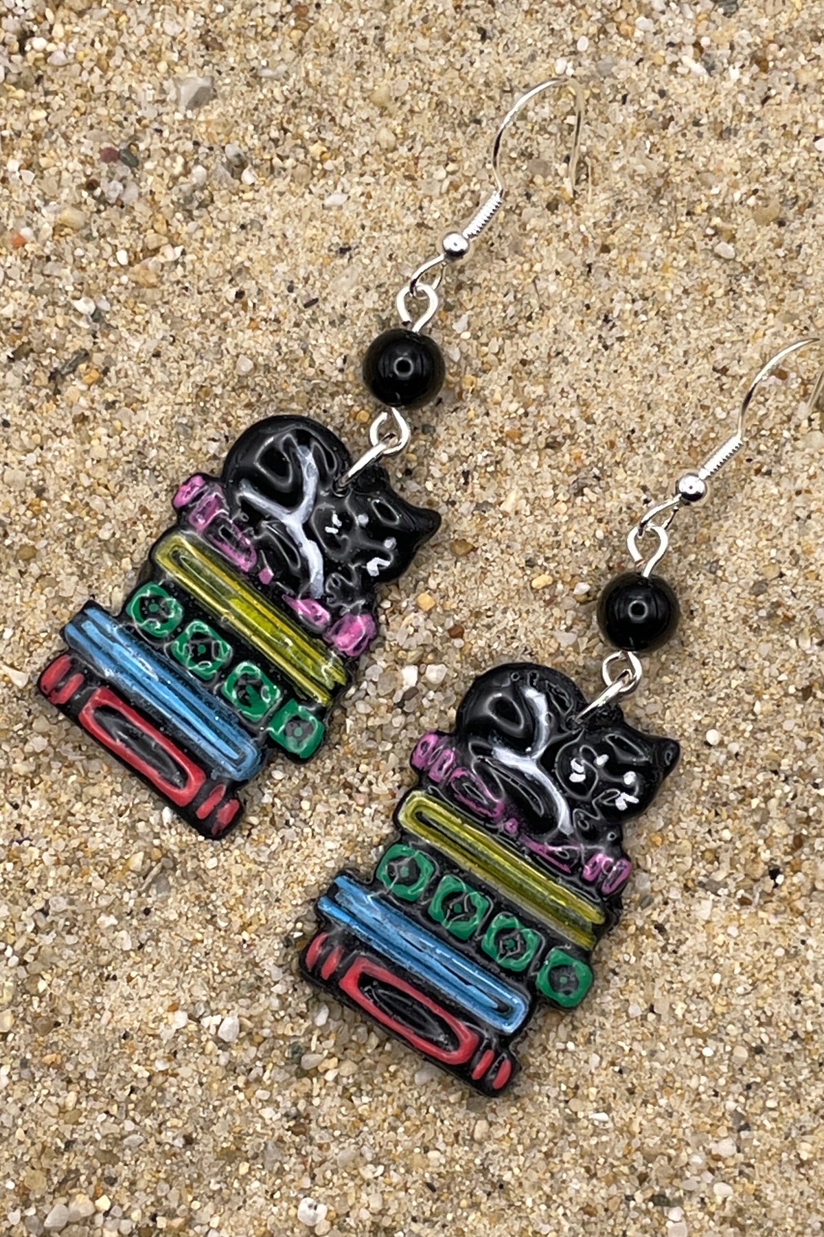 Cat Lover - Kitty Sleeping on Stack of Books Earrings: Handmade, Polymer Clay