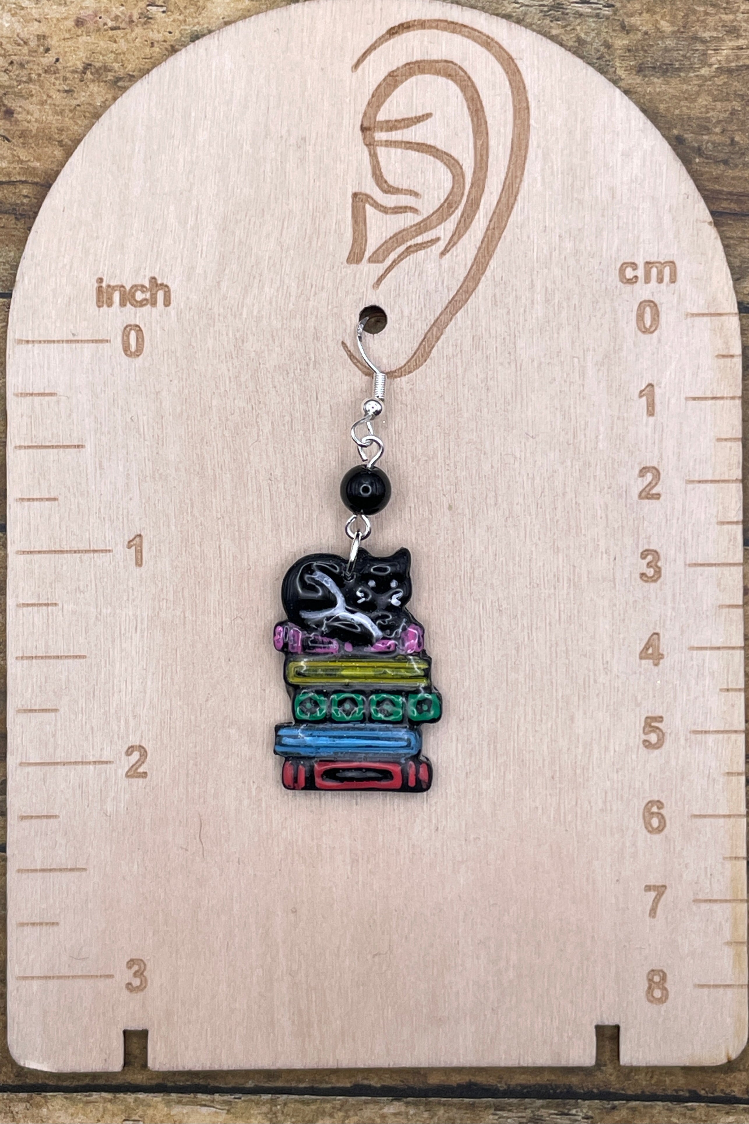 Cat Lover - Kitty Sleeping on Stack of Books Earrings: Handmade, Polymer Clay