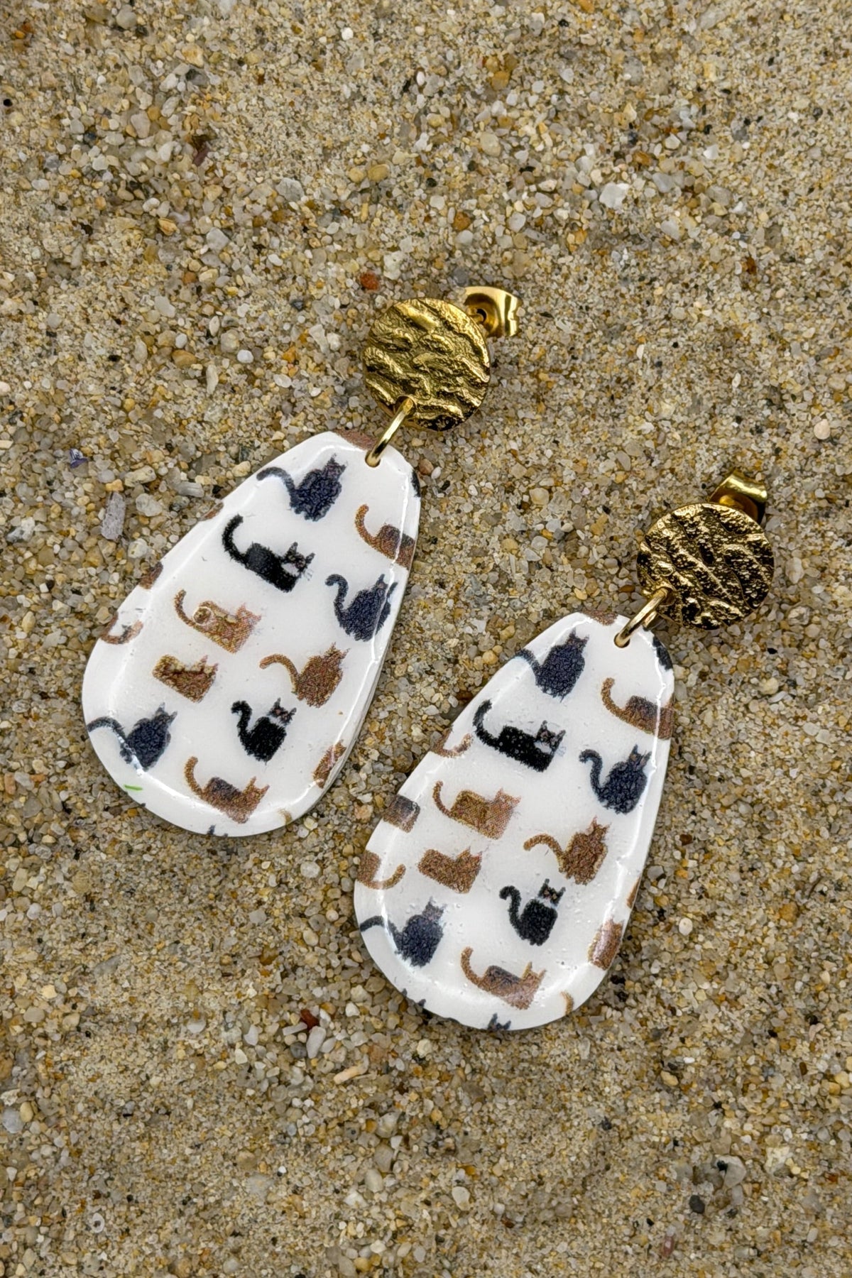 Cat Lover - Cat Print Dangle Earrings: Handmade, Polymer Clay