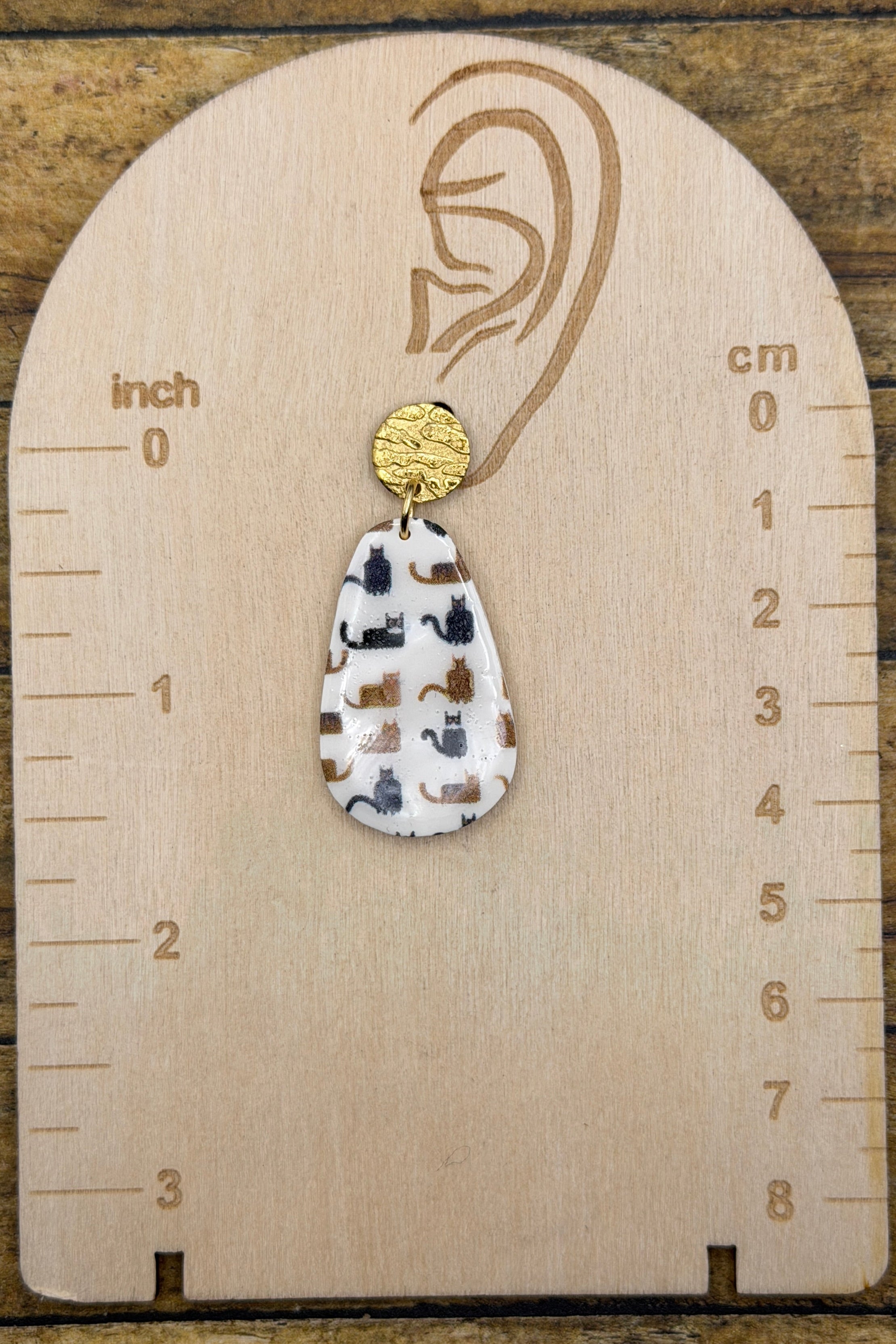 Cat Lover - Cat Print Dangle Earrings: Handmade, Polymer Clay