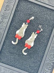 Cat Lover - Grey Kitty with Red Bow Earrings: Handmade, Polymer Clay