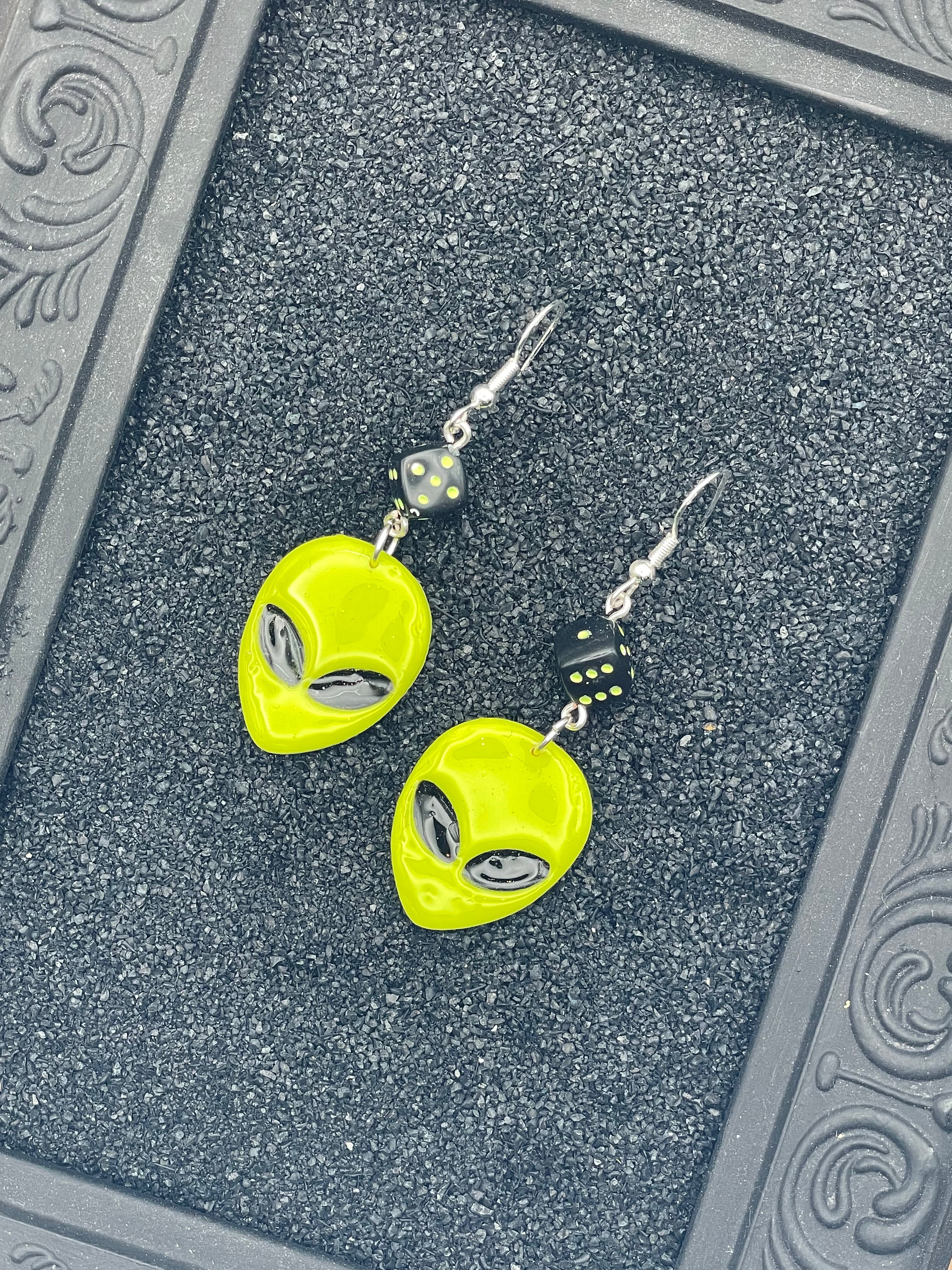 Alien Invasion Earrings with Dice Detail: Handmade, Hand-Painted Polymer Clay