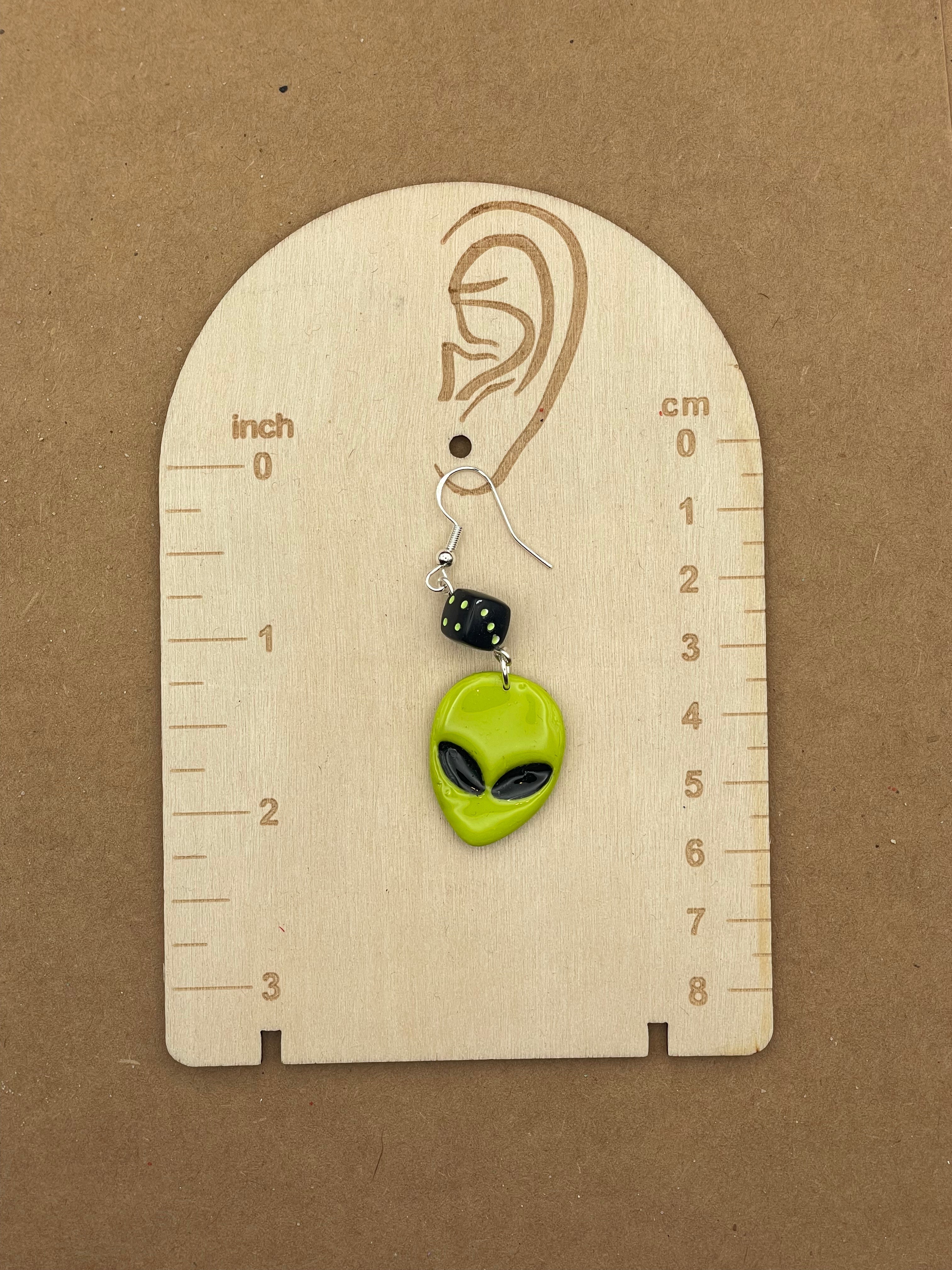 Alien Invasion Earrings with Dice Detail: Handmade, Hand-Painted Polymer Clay