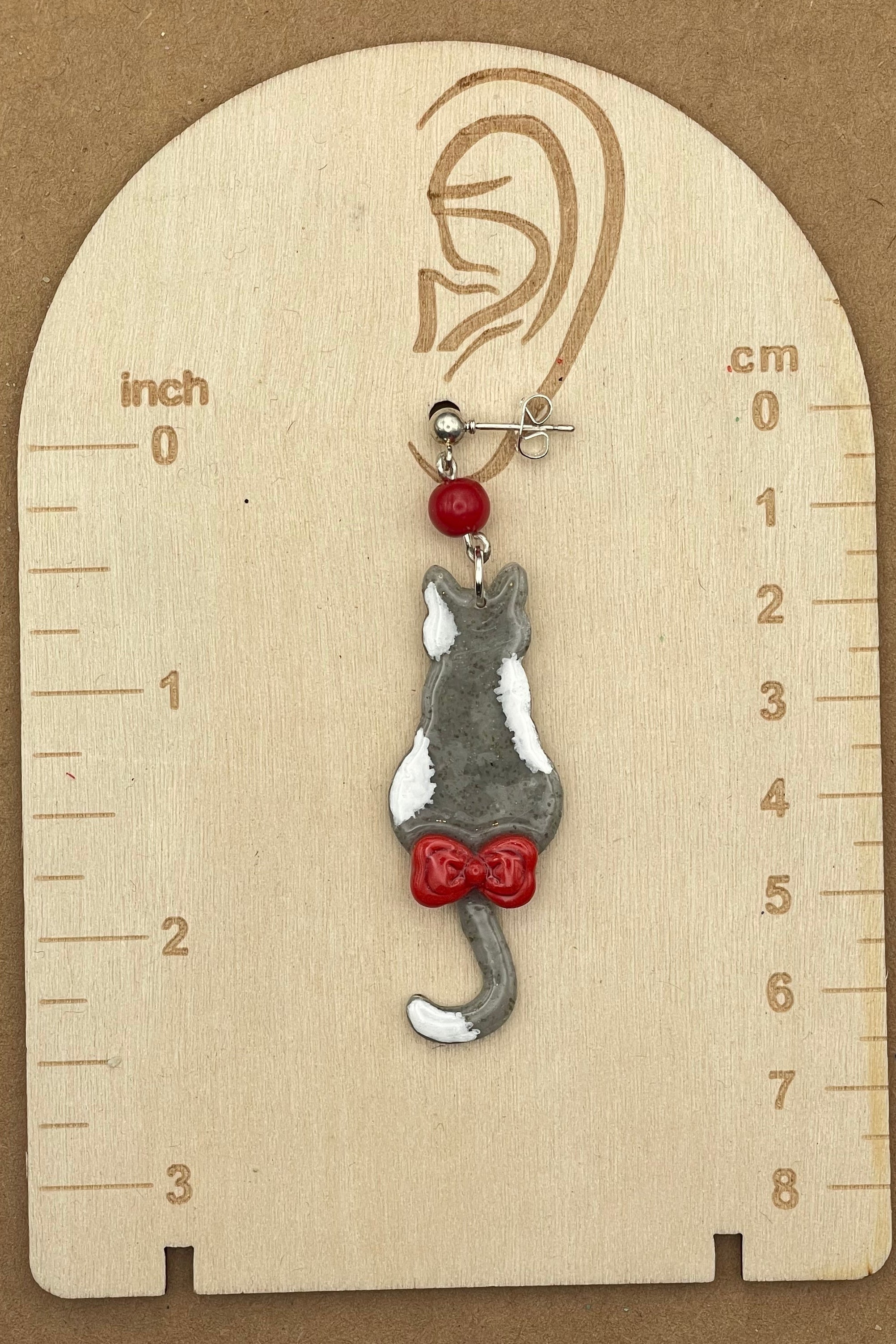 Cat Lover - Grey Kitty with Red Bow Earrings: Handmade, Polymer Clay
