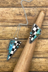 Bea - Checkered and Turquoise Mixed Gemstone Lightning Bolt Pendant Necklace