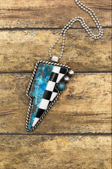 Bea - Checkered and Turquoise Mixed Gemstone Lightning Bolt Pendant Necklace