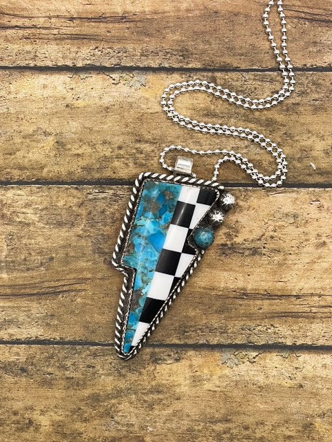 Bea - Checkered and Turquoise Mixed Gemstone Lightning Bolt Pendant Necklace