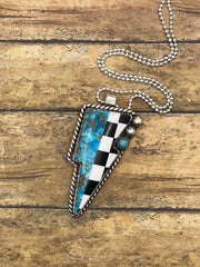 Bea - Checkered and Turquoise Mixed Gemstone Lightning Bolt Pendant Necklace