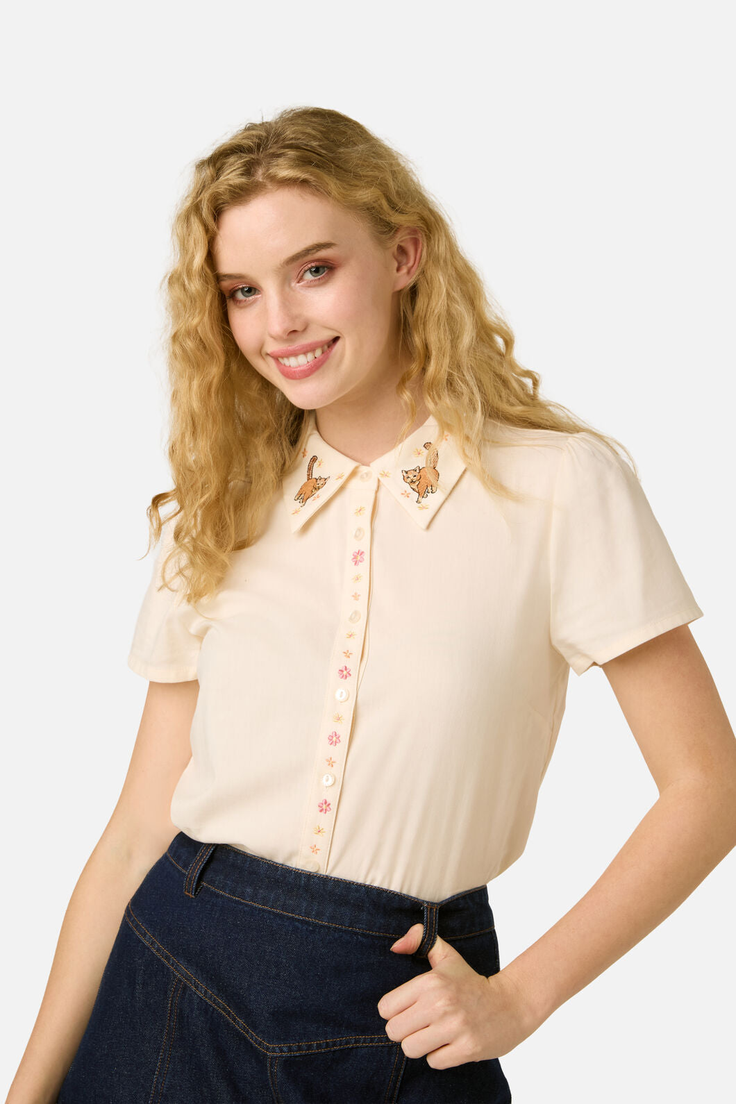 Cute Cats Embroidered Blouse