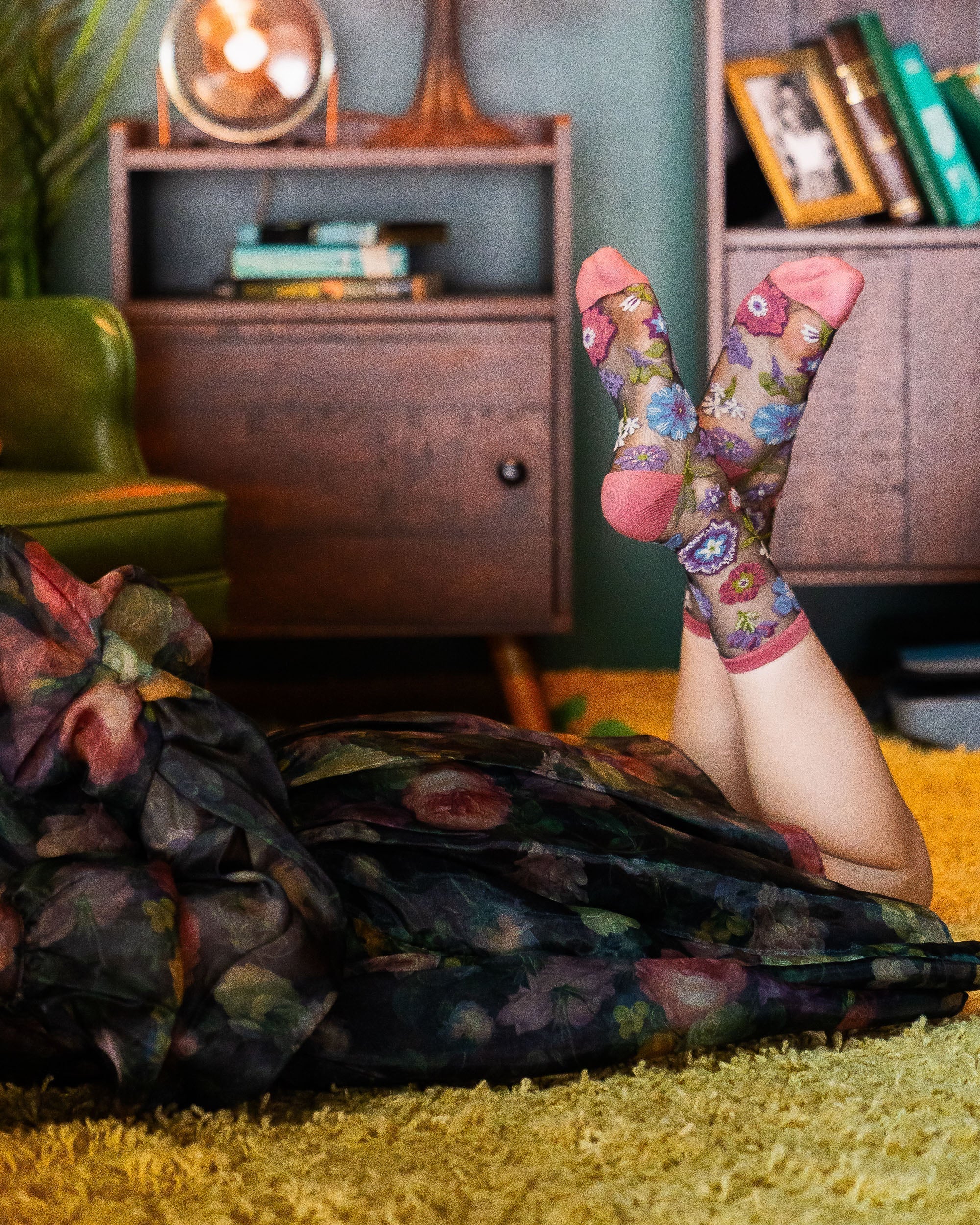 Dark Florals Black Sheer Crew Sock