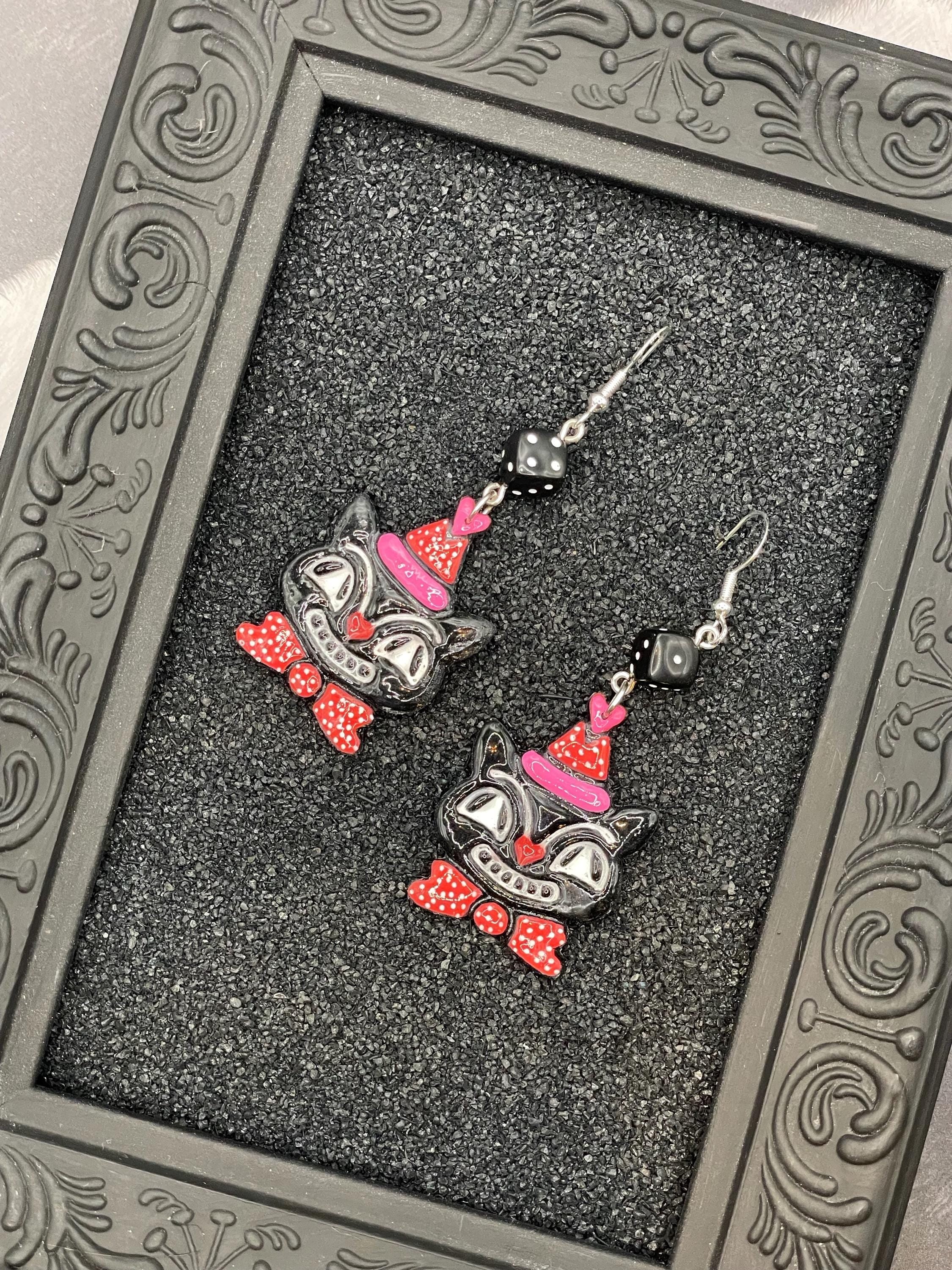 Cat Lover - Retro Kitty Earrings with Party Hat and Dice Detail: Handmade Polymer Clay