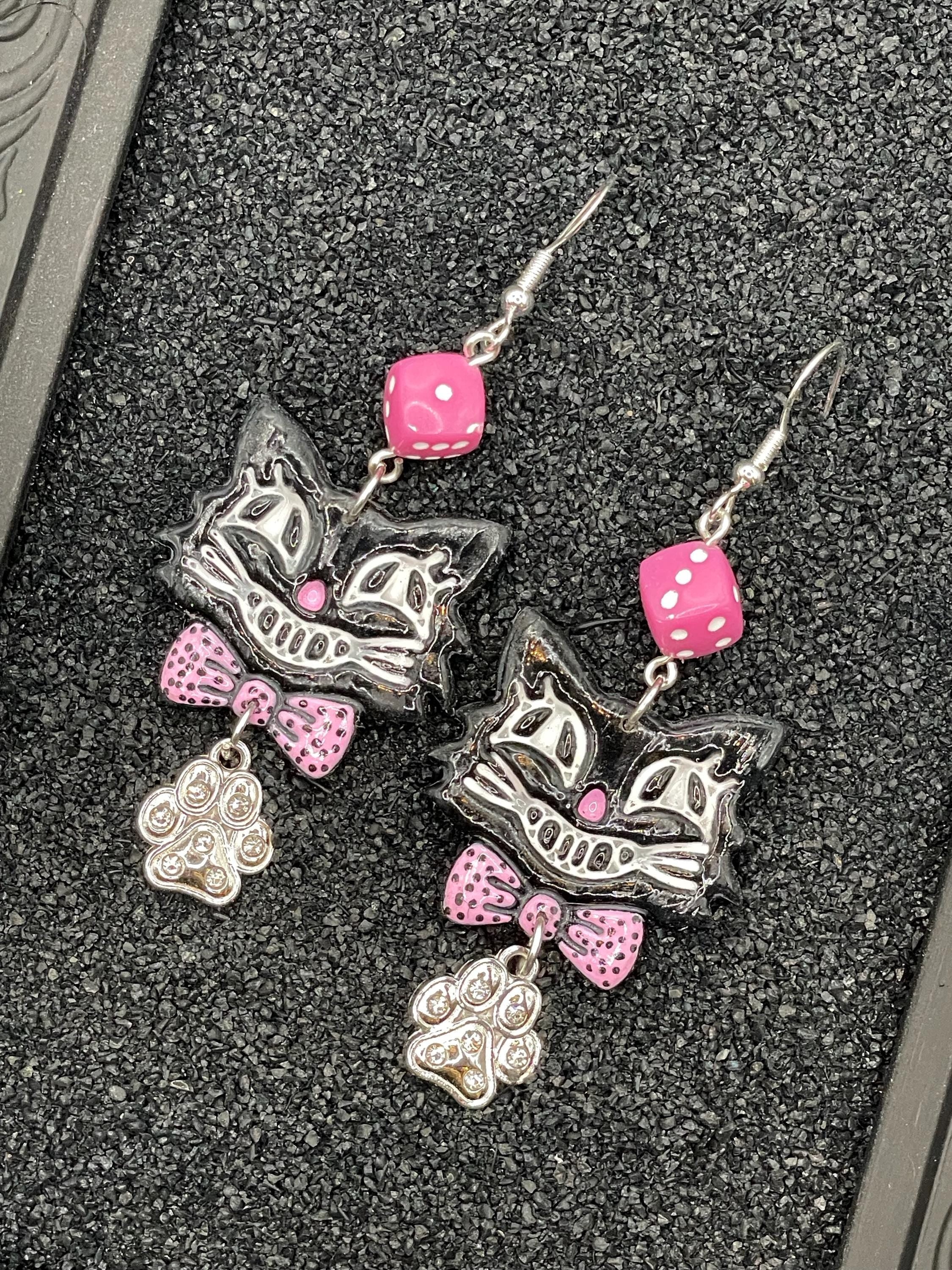 Cat Lover - Retro Kitty Earrings Pink Dice Rhinestone Paw Charms: Handmade Polymer Clay