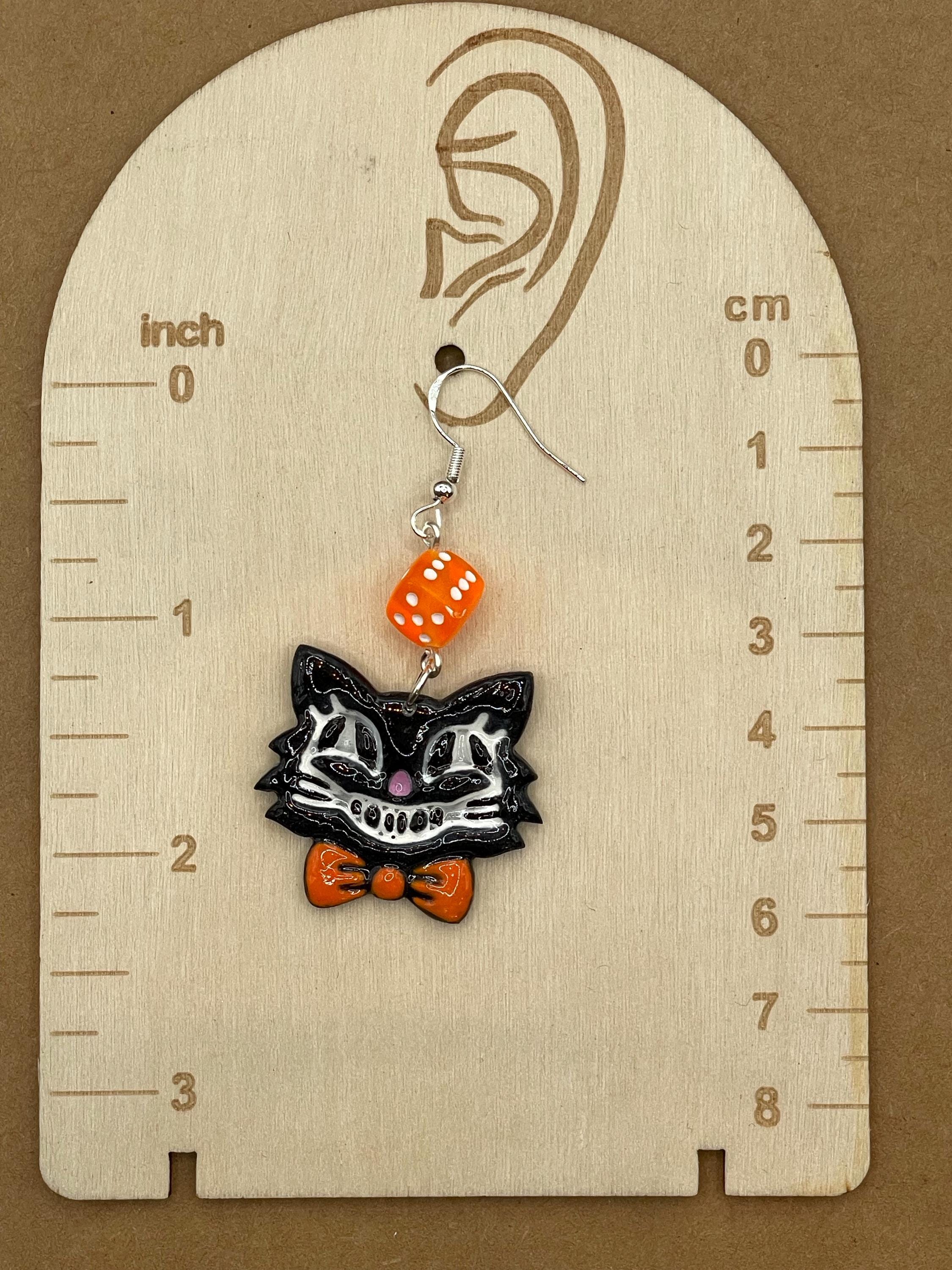 Cat Lover - Retro Kitty Earrings with Bowtie and Dice: Handmade Polymer Clay