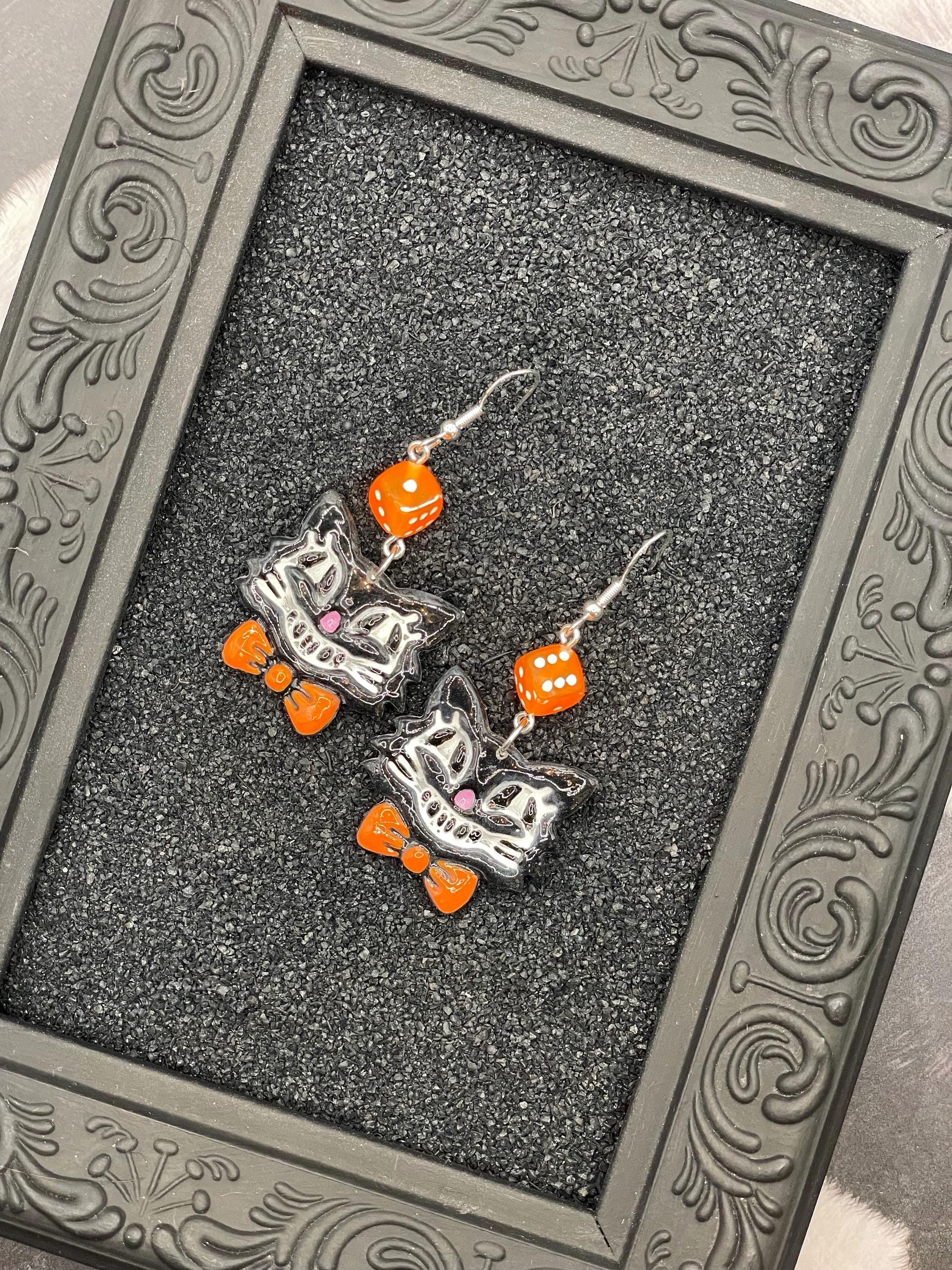 Cat Lover - Retro Kitty Earrings with Bowtie and Dice: Handmade Polymer Clay