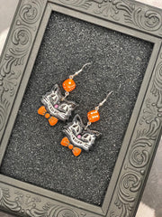 Cat Lover - Retro Kitty Earrings with Bowtie and Dice: Handmade Polymer Clay