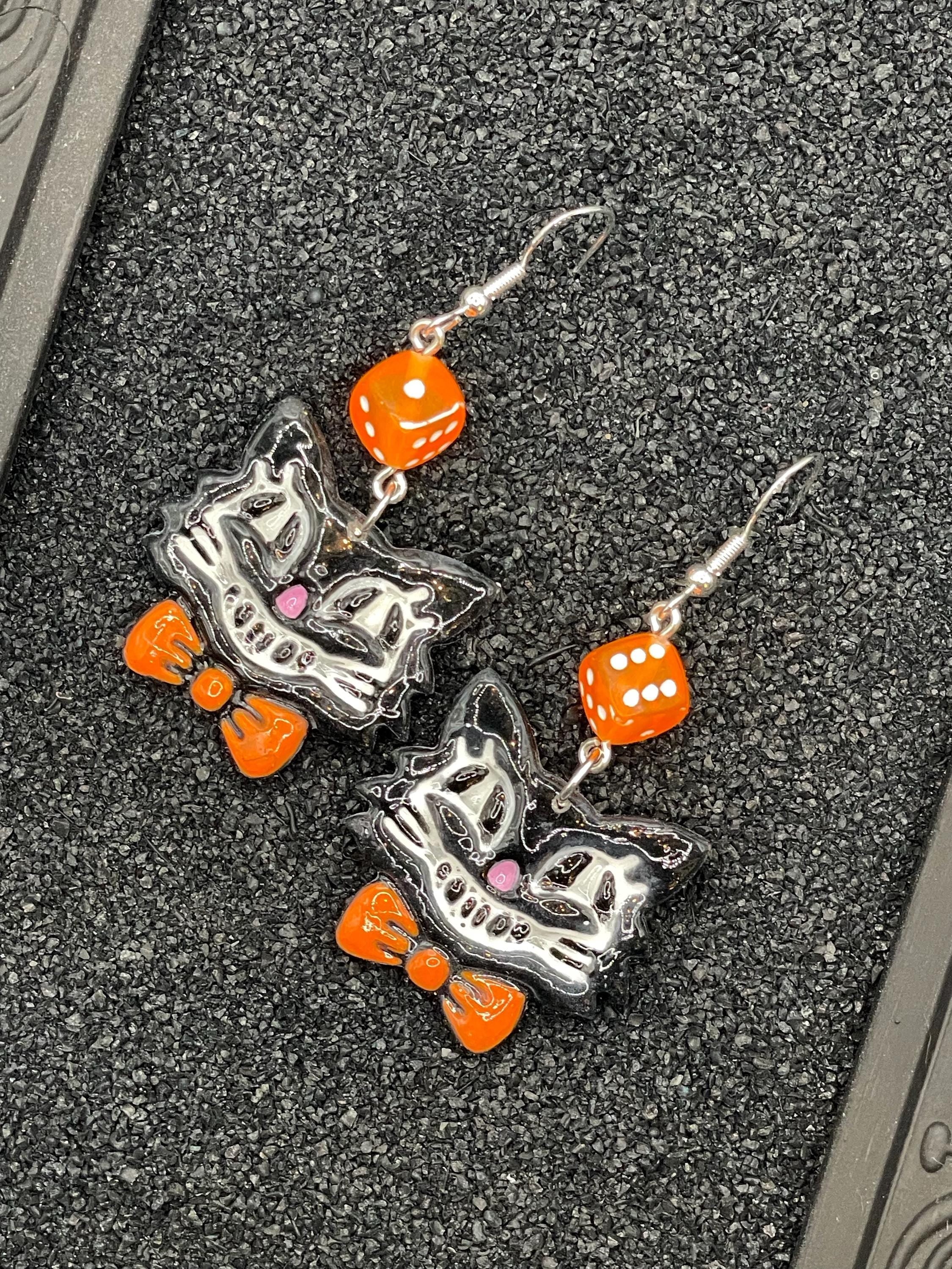 Cat Lover - Retro Kitty Earrings with Bowtie and Dice: Handmade Polymer Clay