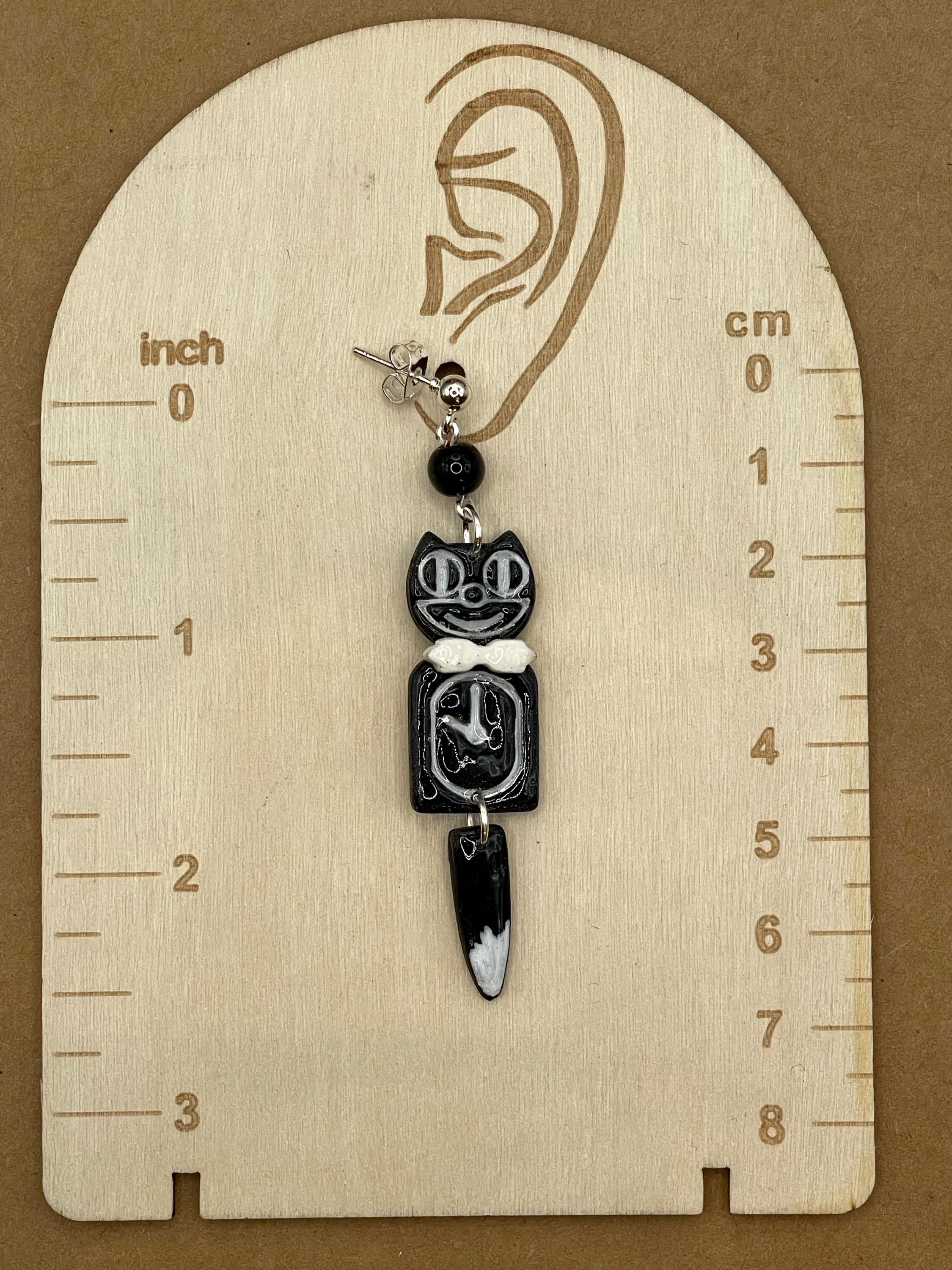 Cat Lover - Retro Black Kitty Clock Earrings: Handmade Polymer Clay