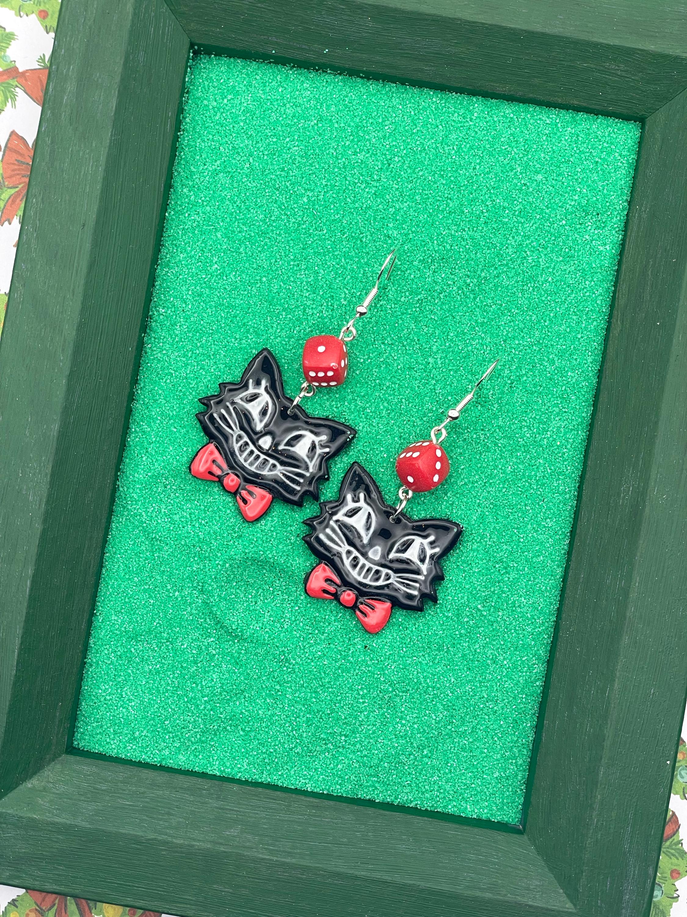 Cat Lover - Retro Kitty Earrings with Bowtie and Dice: Handmade Polymer Clay