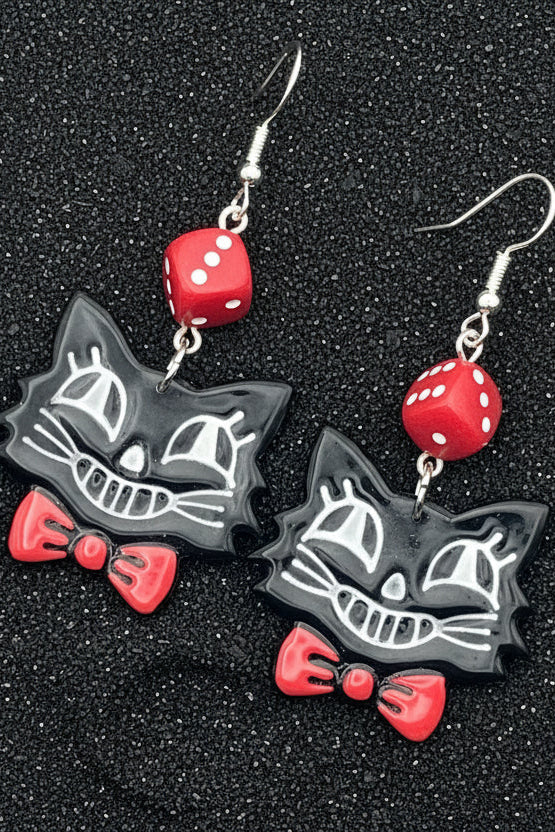 Cat Lover - Retro Kitty Earrings with Bowtie and Dice: Handmade Polymer Clay