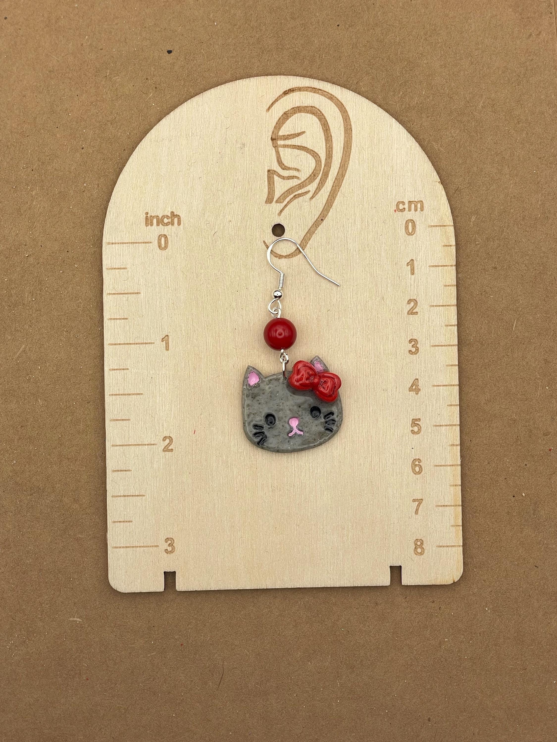 Cat Lover - Grey Cute Kitty with Red Jade Beads Earrings: Handmade Polymer Clay