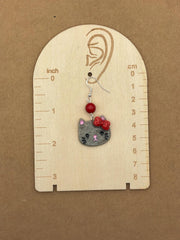 Cat Lover - Grey Cute Kitty with Red Jade Beads Earrings: Handmade Polymer Clay